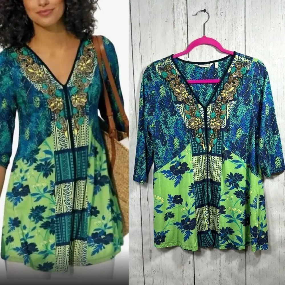 Soft Surroundings Embellished Floral Tunic Top Petit M Blue Green Boho Artsy